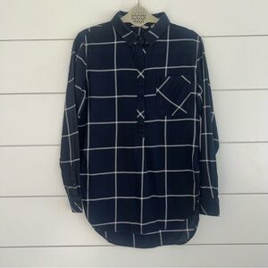Athleta Presidio Popover Tunic Top XS Navy Blue White Plaid Cotton Shirt Classic